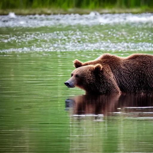 Image similar to a brown bears sees it's reflection in the lake ( eos 5 ds r, iso 1 0 0, f / 8, 1 / 1 2 5, 8 4 mm, postprocessed, crisp bokeh )