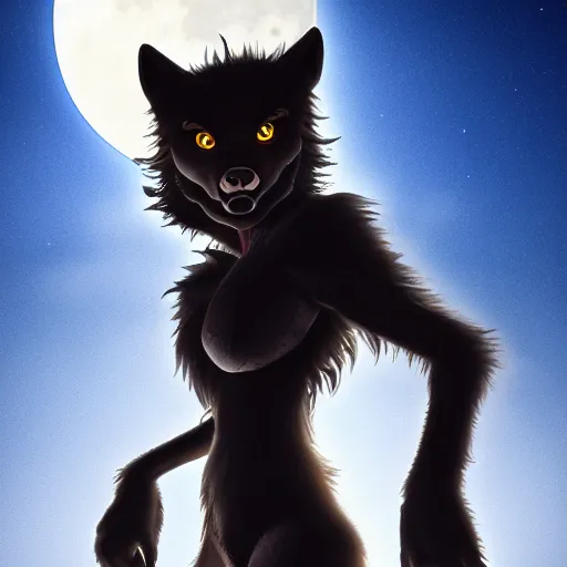Prompt: female werewolf at night with black realistic fur, under the moon, ultra detail, anime style, 8 k