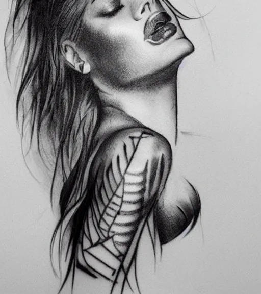 Prompt: tattoo design sketch of an extremely beautiful woman with a background of beautiful mountains on the side, hyper - realistic, double exposure effect, in the style of den yakovlev, amazing detail, black and white, faded