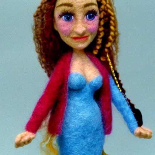 Image similar to needle felted alicia silverstone as cher from the movie clueless (1995), highly detailed, tilt shift, cozy, hyperrealism, highly textured, god rays, action pose