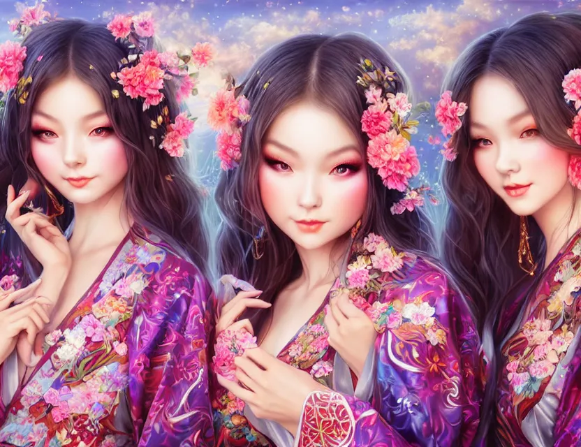 Image similar to two beautiful alluring siberian girls wear fantasy kimono in festival | | sunny night, full moon, dreamlike art, realistic shaded, smile, good looking, hyper details, 4 k realistic, cryengine, realistic shaded lighting poster by artgerm, ross tran, fuji choko, 8 k resolution, trending on artstation, luxury