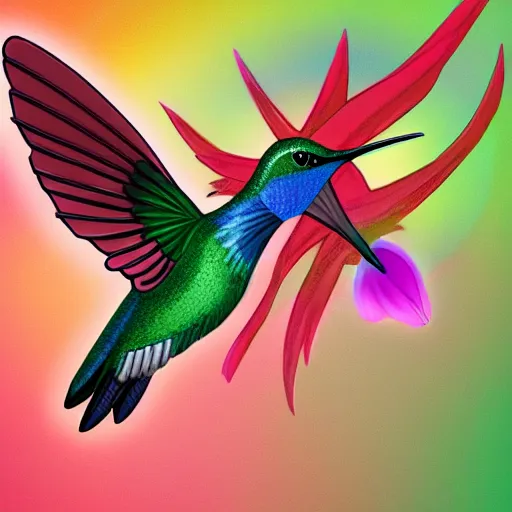 Image similar to frantic hummingbird phoenix zipping around, wanting to explore and investigate everything. it\'s curiosity is unbounded and unsatiable, digital art, trending on artstation, cartoon, stylized, rainbow feathers