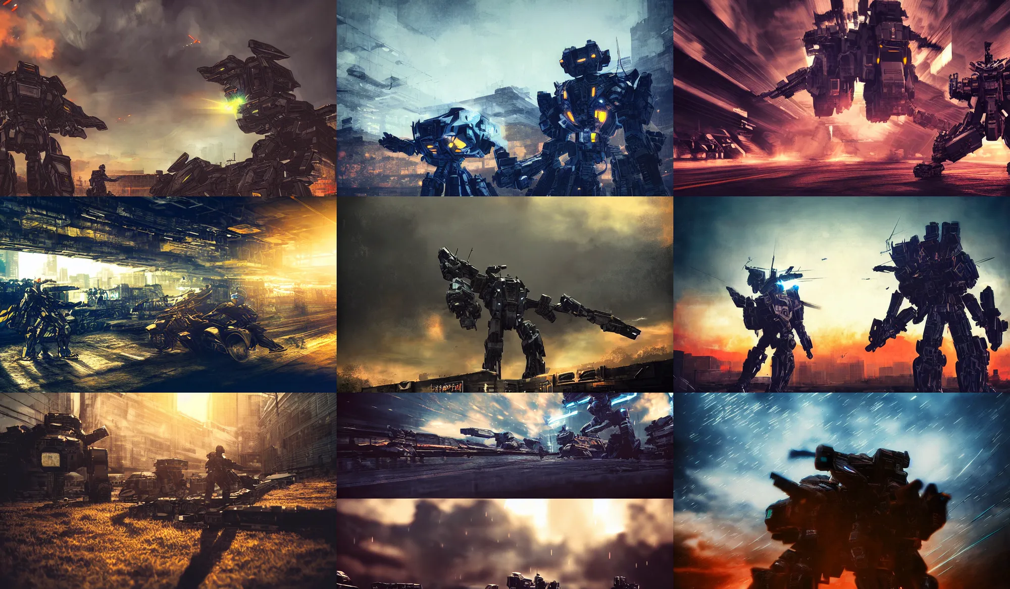 Prompt: armored core v by liam wong ; outdoor, pure blue sky, wilderness ground, golden time, twilight ; digital painting, dynamic contrast, bokeh, photoreal, cinematic,