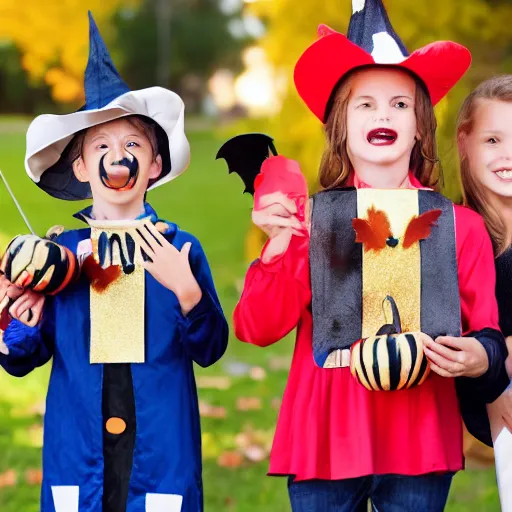 Image similar to kids trick - or - treating, halloween, costumes, night, realistic photo