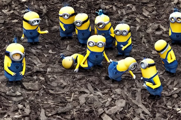 Image similar to minions making a sacrifice ritual on a dead body