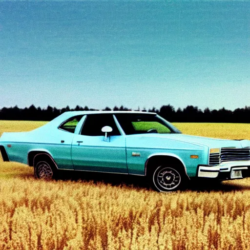 Image similar to A photograph of a beater faded Powder Blue Dodge Aspen (1976) in a farm field, photo taken in 1989