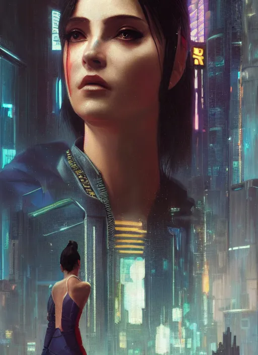 Prompt: Cyberpunk woman in futuristic clothes (blade runner 2049, cyberpunk 2077). Orientalist portrait by john william waterhouse and James Gurney and Theodore Ralli and Nasreddine Dinet, oil on canvas. Cinematic, hyper realism, realistic proportions, dramatic lighting, high detail 4k