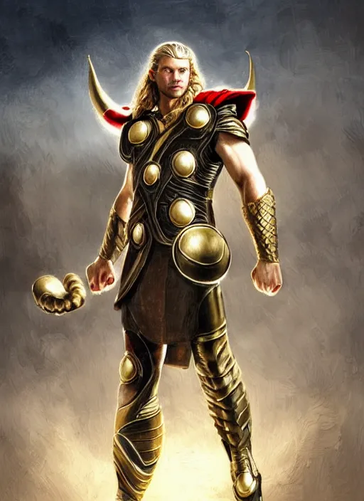 Image similar to a professional painting of a young Thor, wearing an ornate, muscle revealing, detailed, intricate golden armor, olive skin, long dark hair, intricate, elegant, digital painting, concept art, smooth, nice background bokeh, illustration, from StarCraft by Ruan Jia and Mandy Jurgens and Artgerm and William-Adolphe Bouguerea