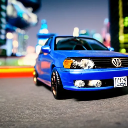 Prompt: 3 5 mm photo of metallic blue jetta like hot wheels model with mexico city as background, epic cinematic, epic lighting