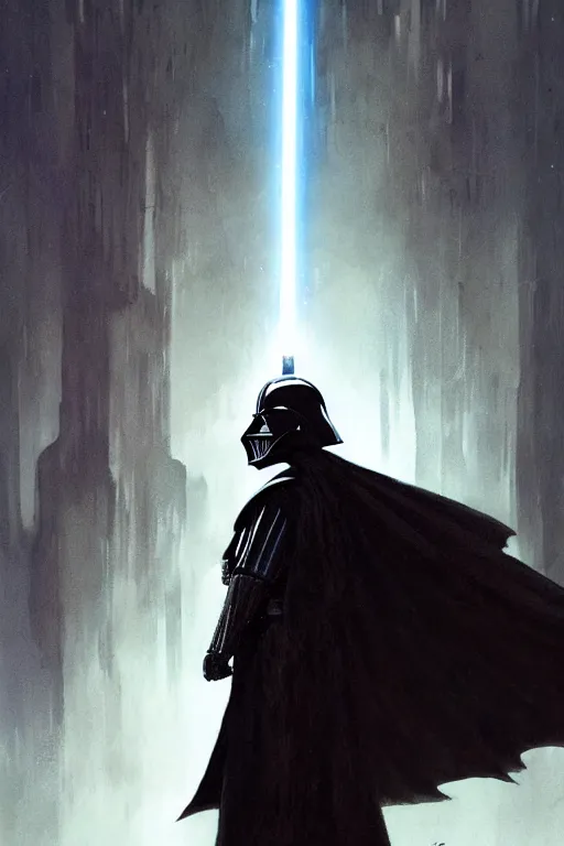 Prompt: darth vader from sideview with large shoulders, armor, ethereal horror fantasy art by greg rutkowski and magali villanueve and monet con