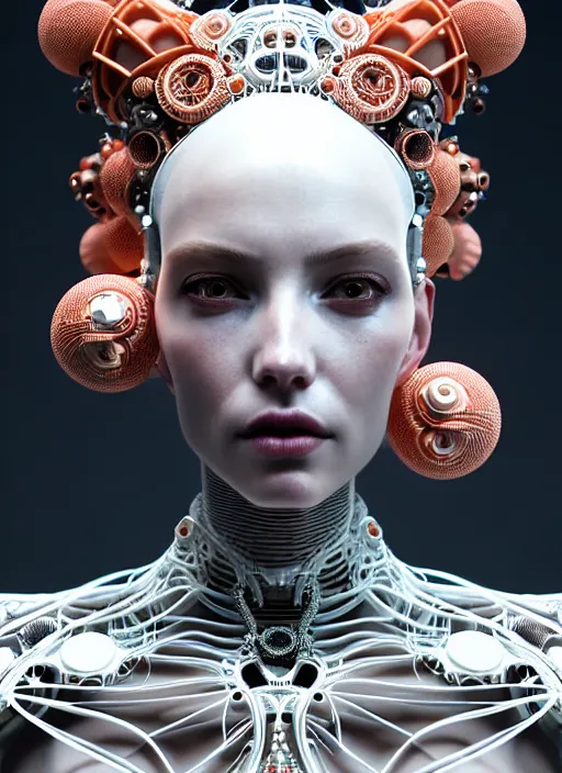 Image similar to portrait of an absurdly beautiful, graceful, sophisticated, fashionable cyberpunk mechanoid, hyperdetailed illustration by irakli nadar and alexandre ferra, intricate linework, white porcelain skin, faberge, coral headdress, octane render, gsociety, global illumination, radiant light, detailed and intricate environment