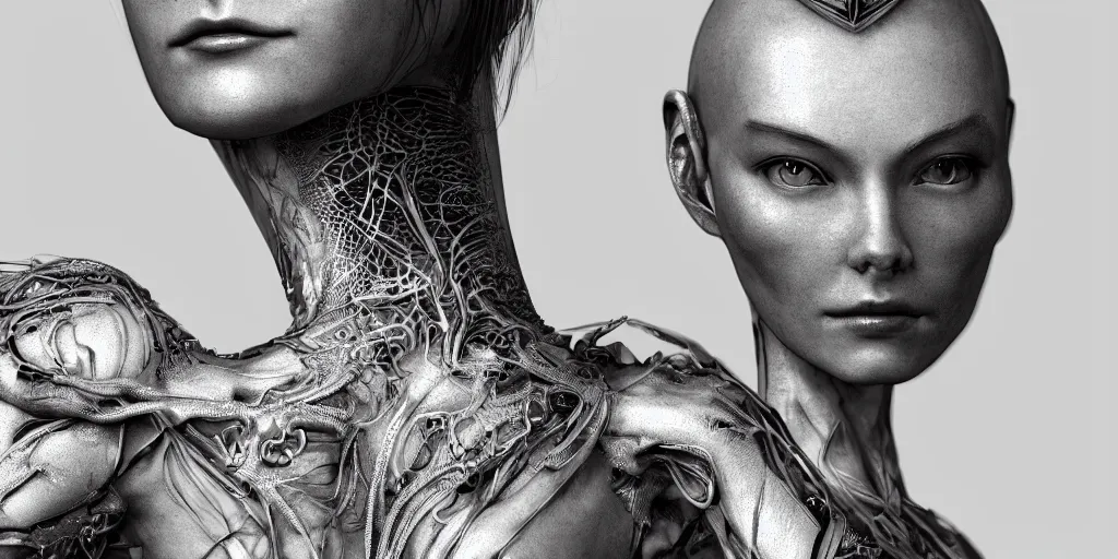 Prompt: hyper realistic photography of a stunningly beautiful cyborg female, plated arm, intimate, holding close, ribbon, in the style of beth cavener, jin kagetsu,, and wlop, highly detailed, intricate filigree, symmetry, masterpiece, award winning, sharp focus, concept art, highkey lighting, ambient lighting, octane render, 8 k, artstation