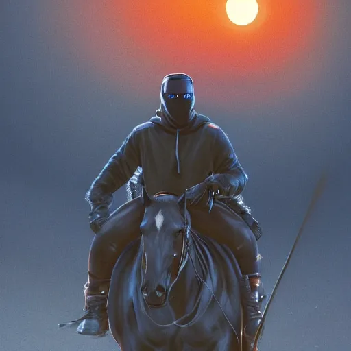 Image similar to a wideshot of a masked kanye west riding a horse into the night as riots go on in the background, dark, blue hour, cinematic lighting, by alan lee, intricate, grim, digital art, trending on artstation