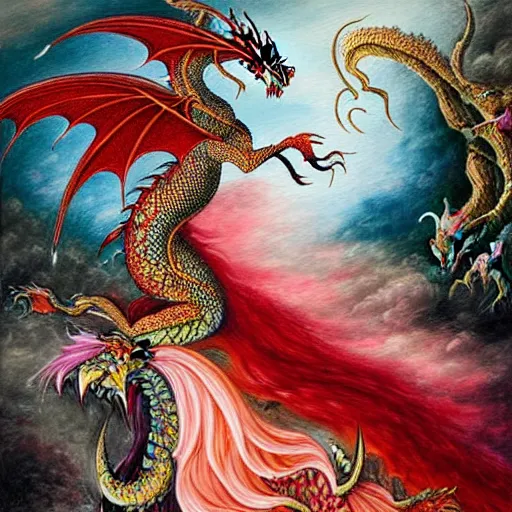 Prompt: miniature painting of a dragon fighting a woman with red+velvet+pink+orange+white colors by Mahmoud Farshchian, intricate, insane detailed, very detailed, Farshchian painting, Farshchian miniature, by Mahmoud Farshchian