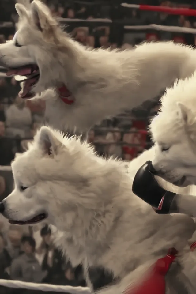 Prompt: samoyed dog competing in muay thai kickboxing fight, photorealistic, 4k, dramatic and cinematic