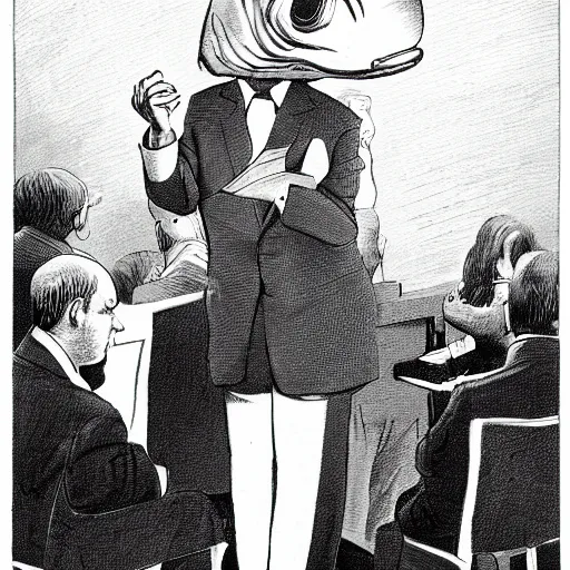 Prompt: man in a suit with a dolphin head giving his assertion speech