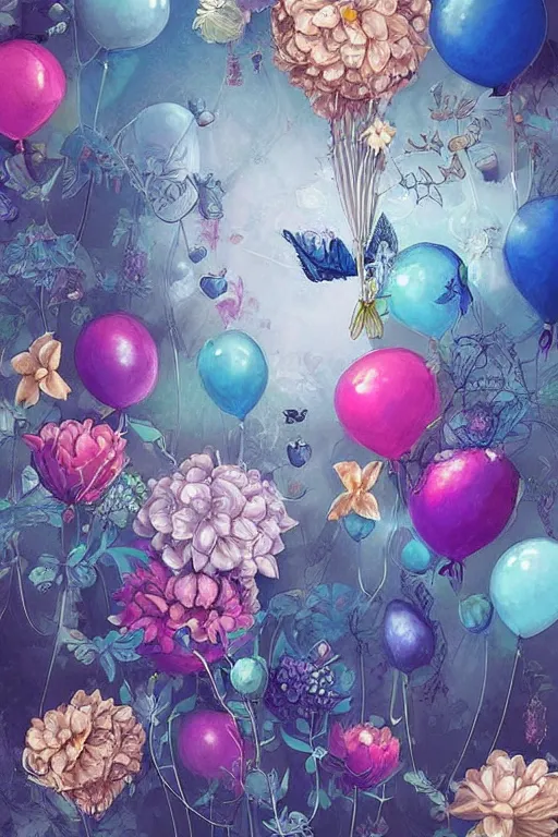 Prompt: beautiful digital matte painting of whimsical botanical illustration blue flowers and balloons enchanted dark background dark contrast by android jones, dollpunk