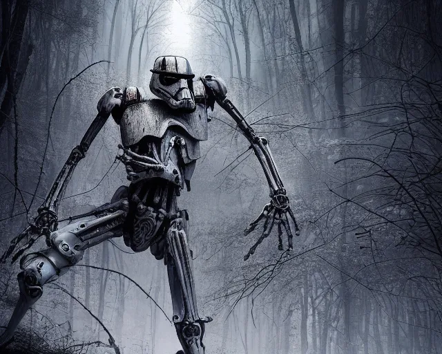 Image similar to photo of a giant huge white terminator spider with heavy duty biomechanical hydraulic cybernetic body in the forest fighting stormtroopers and a sith lord. cyberpunk horror style. highly detailed 8 k. intricate. nikon d 8 5 0 5 5 mm. award winning photography. art by hr giger and zdzislaw beksinski in the style of hzd