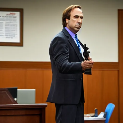 Prompt: saul goodman holding a handgun inside a courtroom, wide shot