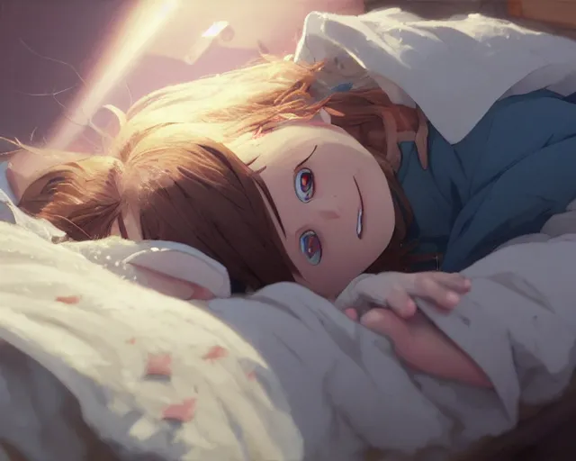 Image similar to a brunnete girl with blue eyes and puffy cheeks lying happy in her bed, close up shot from the top, anime art, Greg Rutkowski, studio ghibli, dramatic lighting