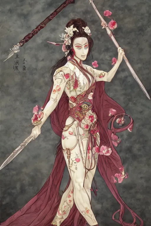 Image similar to full - bodied portrait, female changeling in rose - patterned eastern light armor, wielding a decorated halberd, wearing sandals, barefoot, geisha mask, realistic proportions, reasonable fantasy, ghostblade, wlop.