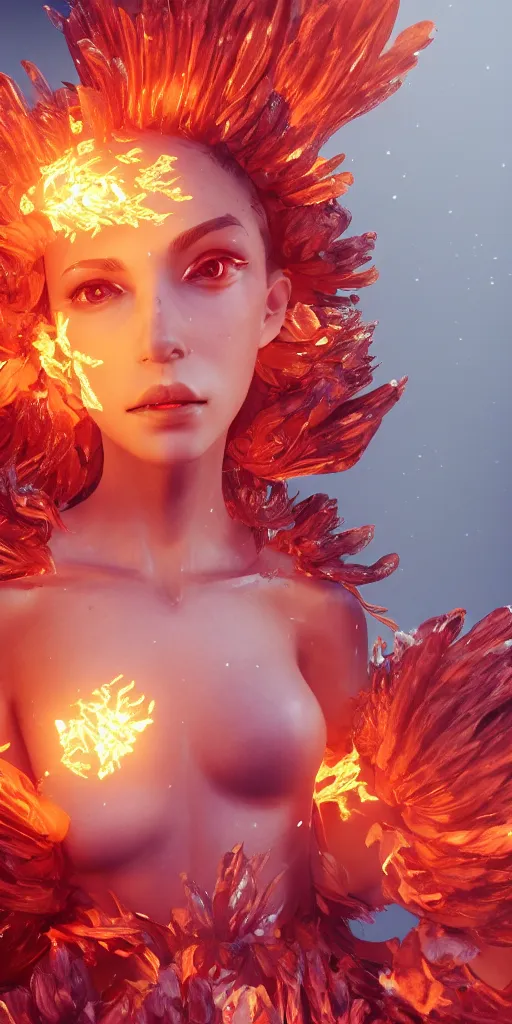 Image similar to Rerolling prompt underworld dungeon, closeup of an anthropomorphic fire goddess wrapped in a flowing couture flaming tissue paper, holographic chrysanthemums, fire origami flowers, heavenly light, 3D, very detailed, octane render, trending ArtStation, artgem