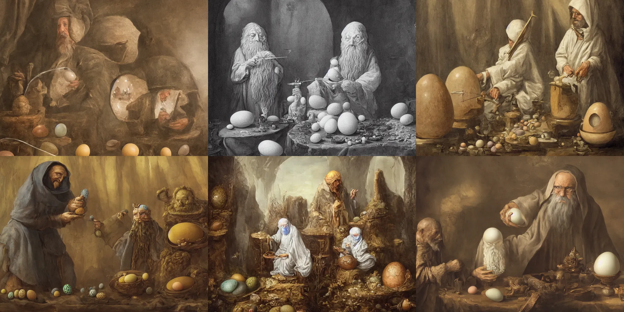 Prompt: A wizard with his face covered measuring creature eggs in a study using a calipers, high quality art, 4k