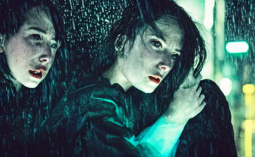 Image similar to cinestill 5 0 d candid photographic portrait by stanley kubrick of two loving female androids sobbing wearing rugged black mesh techwear in treacherous city waters, medium closeup, retrofuturism cyberpunk moody emotional cinematic, pouring iridescent rain bright spotlight, 8 k, hd, high resolution, 3 5 mm, f / 3 2, ultra realistic faces, ex machina