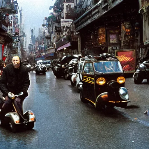 Image similar to a photo by ted nasmith and hans zatzka and quentin tarantino, a y 2 k aesthtic hip scooter messenger driving through a crowded city street