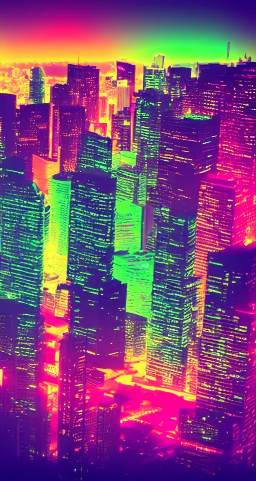 Image similar to city skyline, neon lights, glow, retrowave style