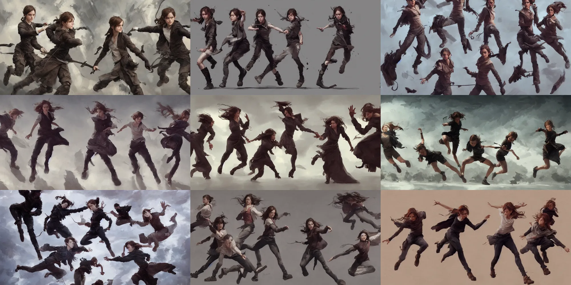 Prompt: emma watson triplets sisters action motion poses taolu jianshu, nanquan, changquan, daoshu, gunshu, qiangshu, nandao and nangun sketch greg rutkowski foreshortening 3 6 0 degree john carpenter