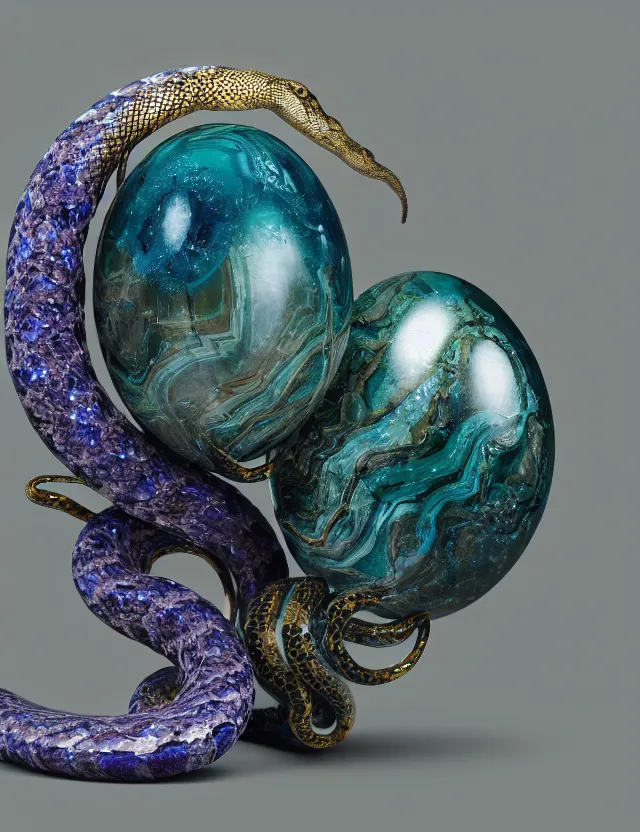 Image similar to a photo of a sculpture of a snake made from blue and emerald and amethyst crystal geode formations encircling a marble egg on a base of obsidian made with liquid gold tendrils flowing by ellen jewett by stanisław szukalski, octane render, recursive, tendrils, elestial crystals, geode, refracted light