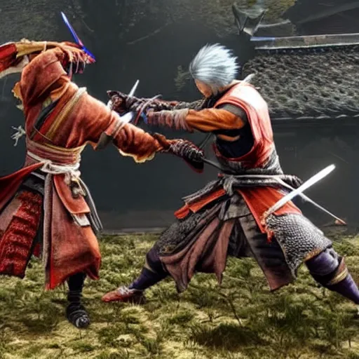 Prompt: Sekiro fighting Raiden in melee combat