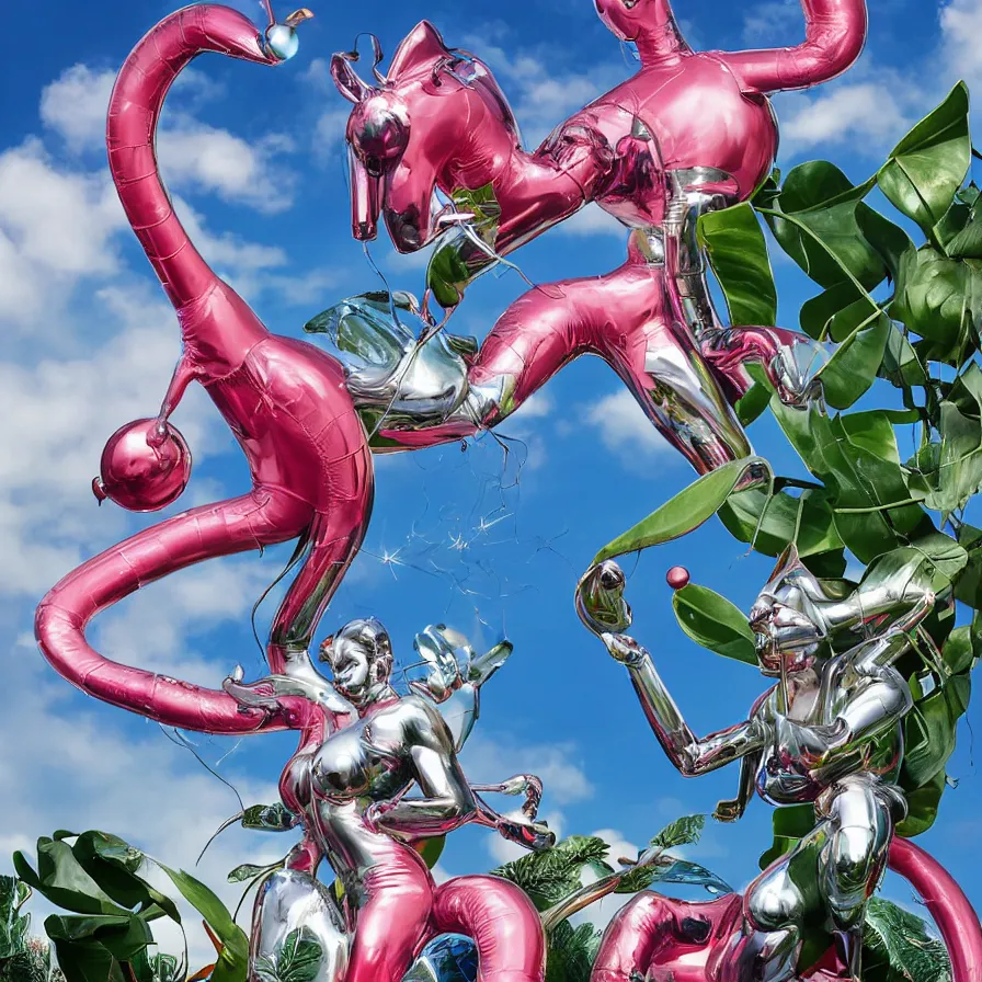 Prompt: an extreme close - up of a statue chrome cyborg lycra nymph battling a giant inflatable flamingo pool float, christmas cactus arnold schwarzenegger and monstera plants, fireworks thick smoke epic clouds, by jeff koons, hajime soryama, boris vallejo, artgerm, greg rutkowski, alphonse mucha