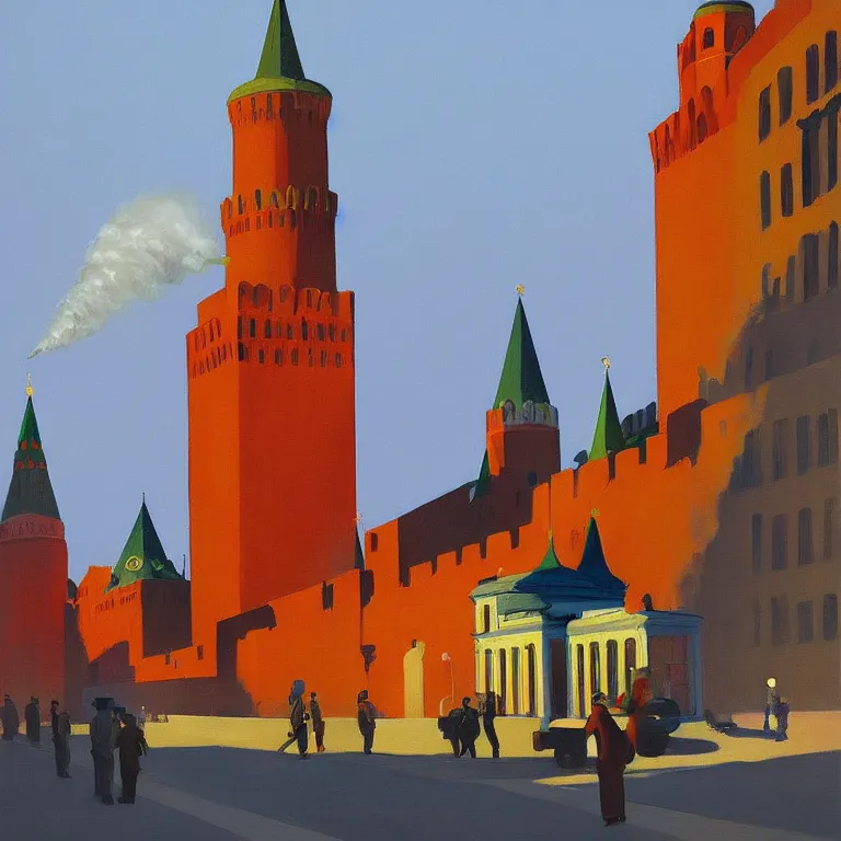 Prompt: Kremlin is on fire, painted by Edward Hopper, painted by James Gilleard, airbrush