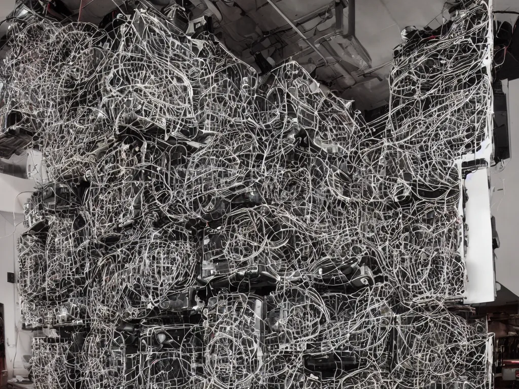 Image similar to a hyper realistic an overwhelming huge speaker stack pa sound system made from intertwining synthesizers and sound speakers and complex wires and led and intricate circuitry