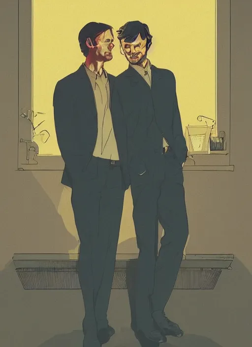 Image similar to portrait of Mads Mikkelsen and Hugh Dancy holding hands romantically as they chaperone school dance by Michael Whelan, Bob Larkin and Tomer Hanuka, simple illustration, domestic, nostalgic, clean, Matte painting, trending on artstation and unreal engine, New Yorker magazine cover, 1980s romance book cover