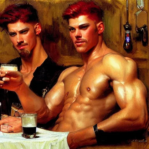 Image similar to attractive muscular male with red hair and muscular attractive male with black hair, drinking their hearts out, in a pub. very defined and highly detailed painting by gaston bussiere, j. c. leyendecker, craig mullins 8 k