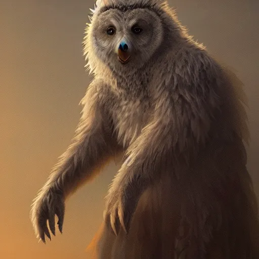 Prompt: a beautiful closeup shot from a fantasy film of a humanoid grey owlbear wearing a loose tunic. an anthropomorphic owlbear. golden hour. joseph ducreux, greg rutkowski.