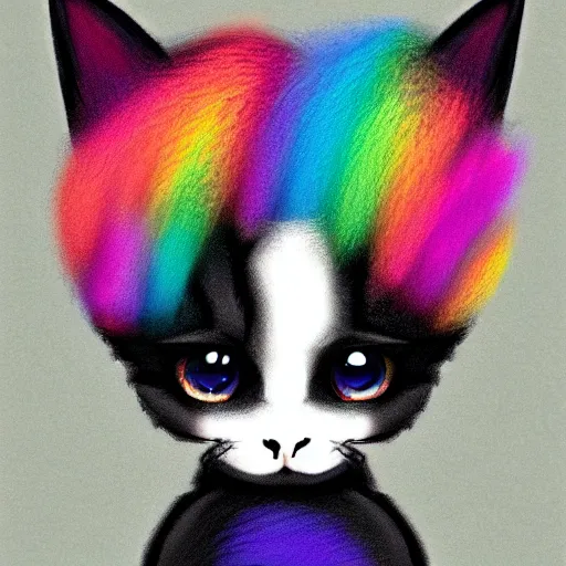 Image similar to wide angle full body, of a fluffy cute rainbow kitten wearing a black motorcycle jacket, concept art