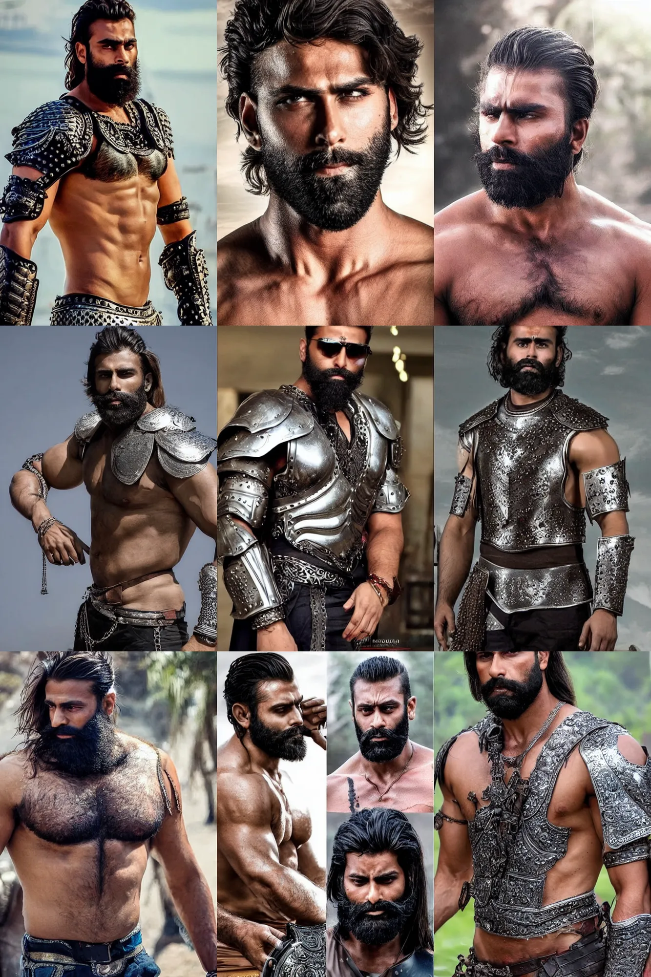 Prompt: beautiful gigachad with slick brown beard, straight hair, huge glistening muscles, many scars, wearing intricate silver armour. bollywood action movie still.
