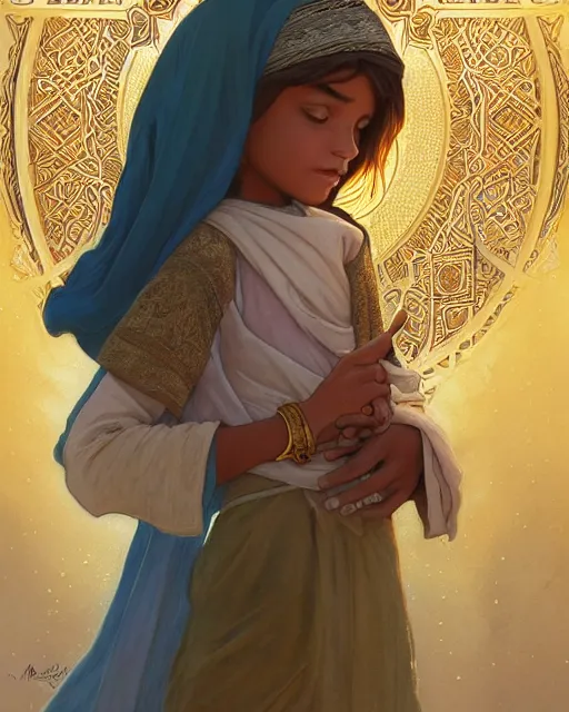 Image similar to a faceless bedouin child infront of a big open quran highly detailed, gold filigree, romantic storybook fantasy, soft cinematic lighting, award, disney concept art watercolor illustration by mandy jurgens and alphonse mucha and alena aenami, pastel color palette, featured on artstation