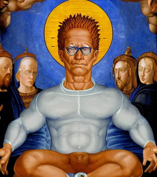 Image similar to hank hill as the god of propane, white tshirt, blue jeans, surrounded by blue fire and blue flames, renaissance religious painting, late gothic religious paintings, byzantine religious art, painting by duccio di buoninsegna and carlo crivelli, trending on artstation