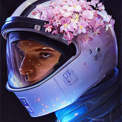 Prompt: a close up painting of an astronaut floating in space. his helmet visor is dark and reflective. you can see the reflection of flowers in his helmet visor. by artgerm and greg rutkowski and alphonse mucha