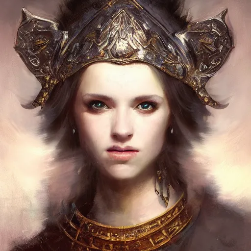 Prompt: high quality oil painting portrait of beautiful female esacred holy knight by Rembrandt and Raymond Swanland, dark background, high fantasy, perfect lighting