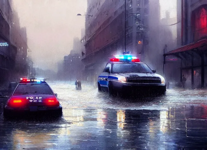 Prompt: a police car driving through shallow water, flooded city, raining, people walking through shallow water, muted colors, hyperrealistic, oil painting, intricate, cgsociety, artstation, 8 k, cinematic, soft lighting, by greg rutkowski, by wlop, by artgerm