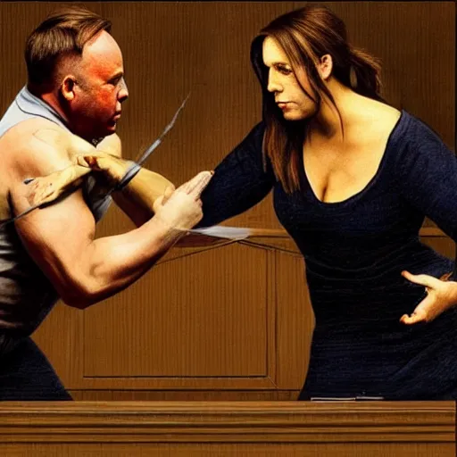 Image similar to alex jones fighting alex jones fighting alex jones in a courtroom, golden ratio, renaissance painting,