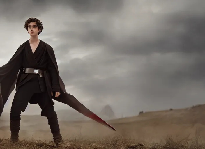 Image similar to timothee chalamet plays anakin skywalker in the live action remake of star wars revenge of the sith, 3 5 mm photography, highly detailed, cinematic lighting, standing pose, 4 k