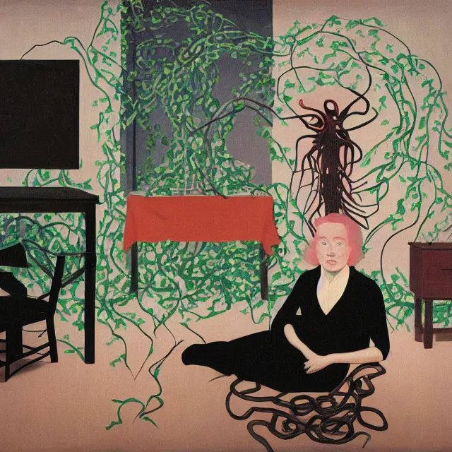 Image similar to a female pathology student in her apartment, wrapped in vines, medical equipment, stepping stones, octopus, pig, black walls, ikebana, black armchair, sculpture, acrylic on canvas, surrealist, by magritte and monet