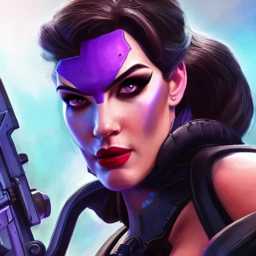 Image similar to a screenshot of arnold schwarzenegger as widowmaker in overwatch, portrait, fantasy, beautiful face, vivid colors, elegant, concept art, sharp focus, digital art, hyper - realistic, 4 k, unreal engine, highly detailed, hd, dramatic lighting by brom, trending on artstation